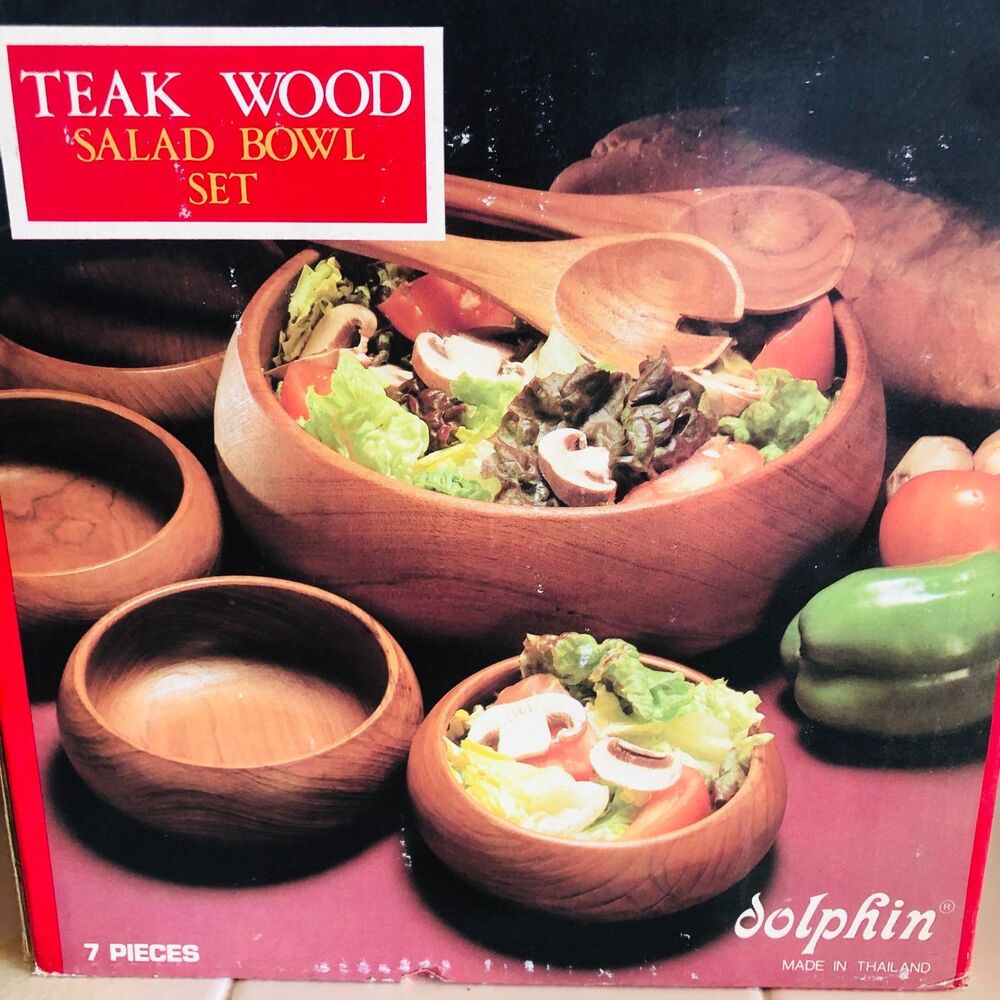 Vintage Dolphin Teak Wood Salad Bowl Set 7 Pc Mid Century Modern Thailand